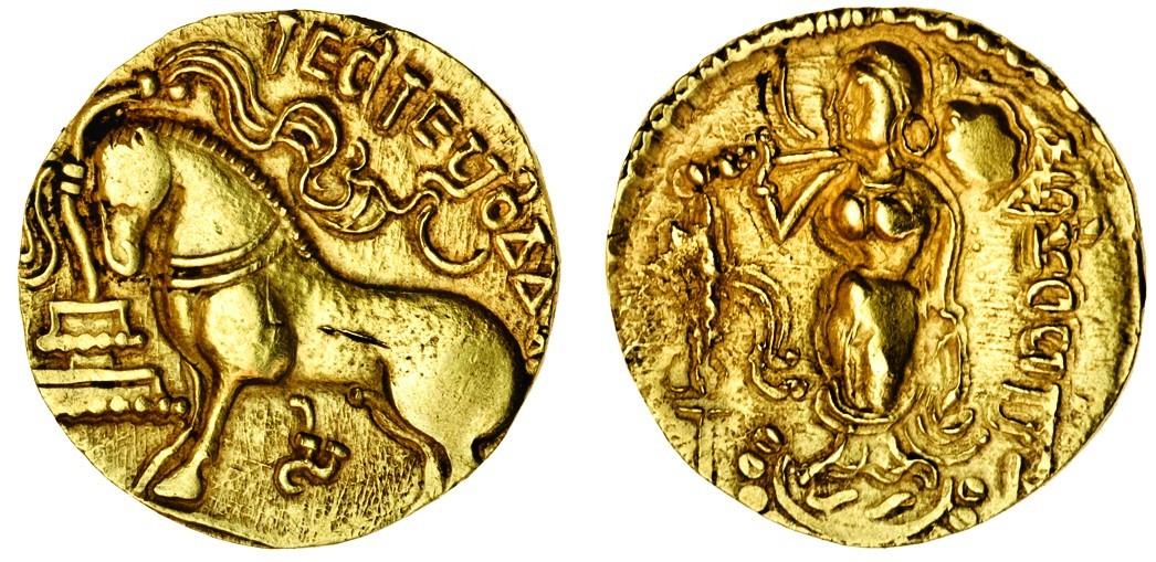 Gupta Empire, Samudragupta I (c.330-70), AV Dinar, 7.70g, Ashvamedha horse sacrifice type, horse 