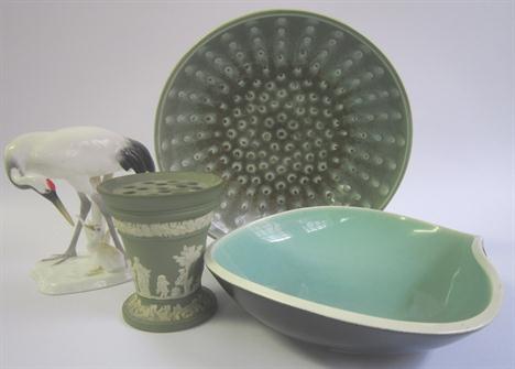 Two Royal Lancastrian Pilkington pottery bowls, a Wedgwood vase (green) together with a Noritake figure of a crane with young