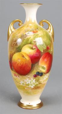 A Royal Worcester oviform vase painted with fallen fruit by Ricketts, 16.5cm high, puce marks, shape 287/H, date code for 193