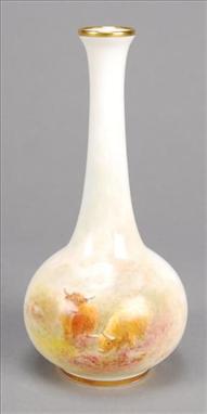 A Royal Worcester globular vase with tall slender neck painted with Highland cattle by H. Stinton, 13cm high, black printed m