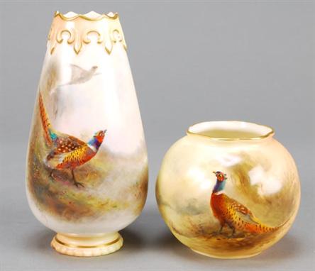 Two items of Worcester porcelain, both decorated by Jas Stinton, including an unusual signed Grainger ovoid vase, 14cm high, 