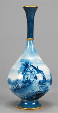 A Royal Worcester globular vase with tall, slender neck, decorated with a cottage scene by R. Rushton, 21cm high, indistinct 