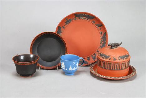 A selection of Wedgwood dry-bodied stonewares, comprising; a rosso antico Egyptian Revival style jar and cover with integral 