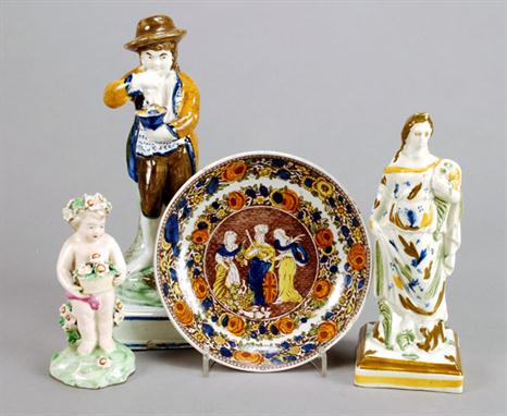 A Staffordshire pearlware Pratt-type figure of a maiden emblematic of Summer, from a series of The Seasons, 15.5cm high; a Pr