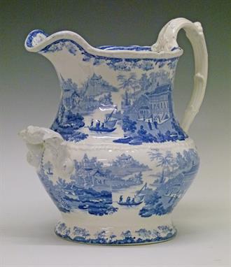 Large 19th Century Minton blue and white transfer printed toilet jug, decorated with a scene from the Chinese Marine series, 
