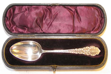 A Victorian Silver Spoon having chased decoration in fitted leather case, Birmingham 1894 