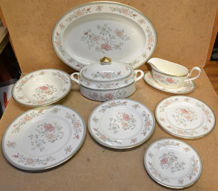 A Minton`s `Jasmine` Pattern Dinner Service comprising oval meat plate, pair oval 2-handled lidded tureens, pair gravy boats 