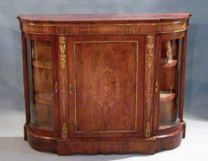 A VICTORIAN GILT METAL MOUNTED INLAID ROSEWOOD BREAKFRONTED SIDE CABINET, the front with  central blind door flanked by a pai