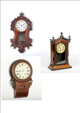 * A striking wall clock in ornate case, another striking wall clock (a.f.) and an architectural mantel timepiece