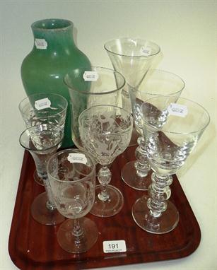 A Pilkington Lancastrian green glazed vase, celery vase and drinking glasses