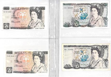  An Album Containing A Collection of English &amp; Scottish Banknotes comprising: Bank of England: 4 x £20: Somerset H07 tiny