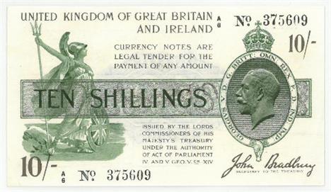  Treasury Note: 10 Shillings Bradbury 3rd Issue (October 1918) A/6 No (with dot) &amp; serial numbers in black, a light verti