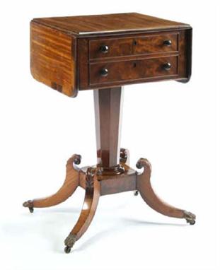 A late Georgian mahogany work table, the top with hinged flaps decorated with rosewood cross banding, fitted  two short drawe