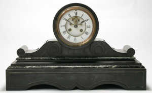 A French belge noir and verde antico marble drum-head mantel clock circa 1890, the eight-day bell