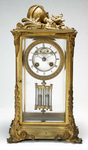 A French gilt brass four-glass mantel clock, circa 1880, the eight-day two-train bell-striking mo