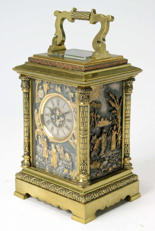A good French brass eight-day repeating carriage clock with decorated panels by Achille Brocot, c