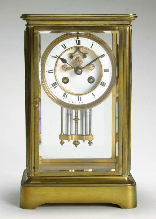 A French brass four-glass eight day mantel clock late 19th century the bell striking movement wit