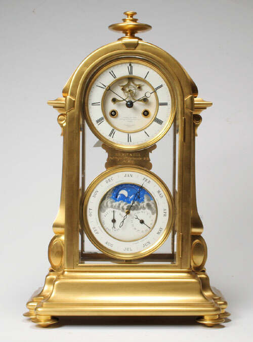 A fine French ormolu four-glass perpetual calendar mantel clock with moonphase circa 1880 the eig