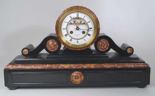 A French belge noir marble drum-head mantel clock, Henry Marc, Paris, late 19th century The eight
