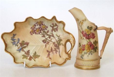 Royal Worcester tusk shape ewer and a leaf shape dish decorated with flora on a blush ivory ground, date codes for 1902 and 1