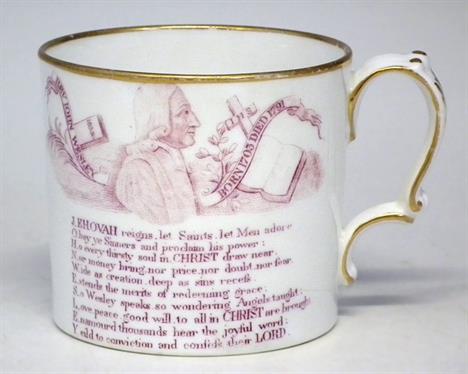 John Wesley commemorative mug probably Minton circa 1830 printed in puce with a portrait of the Reverend as well as ten line 