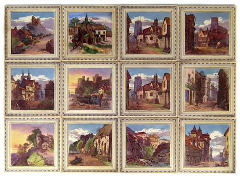 Set of Twelve Minton tiles Printed and hand coloured with titled European and British landscapes after L. T. Swetnam, moulded
