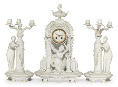 A CONTINENTAL BISCUIT PORCELAIN FIGURAL CLOCK GARNITURE 
CIRCA 1900, PSEUDO SEVRES INCISED INTERLACED L'S MARKS 
THE CLOCK MO