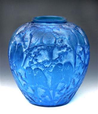 RENE LALIQUE (1860-1945) A `Perruches` electric blue and white stained glass vase, impressed and moulded `R. Lalique` mark to