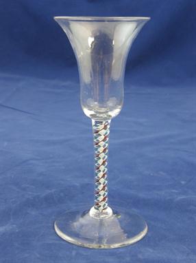 18th century English wine glass, with plain bell shaped bowl, on multiple colour twist stem with red, green and white, 6.5&qu