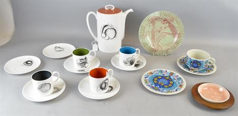 Susie Cooper Black fruits part coffee set , butter dish Ronald Searle Nymolle plateCoffee set one cup chips no other damage f