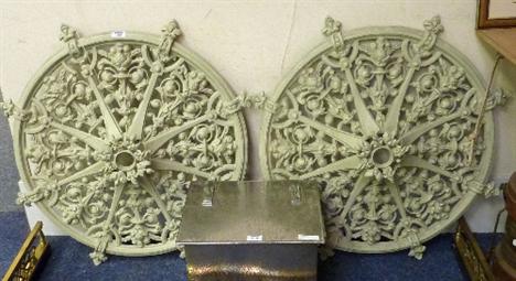 Pair of original Victorian cast iron architectural ceiling roses diameter 82cm
