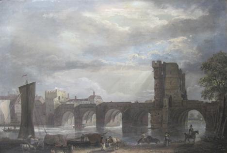 PAUL SANDBY, R.A. (1725-1809) The Old Welsh Bridge, Shrewsbury  watercolour, gouache and body-colour, on paper laid on canvas