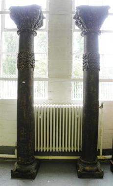 ARCHITECTURAL. A PAIR OF SOUTH EAST ASIAN CARVED AND STAINED WOOD COLUMNS, 279CM H, BASE 40CM SQUARE AND TOP 57CM SQUARE