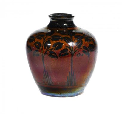 A PILKINGTON`S ROYAL LANCASTRIAN LUSTRE WARE VASE of shouldered form with short waisted neck, painted by Annie Burton with a 