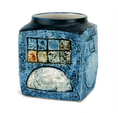 A Troika pottery square vase, textured abstract design, signed to base with artist initials Teo Bernatowitz, 9cm high 