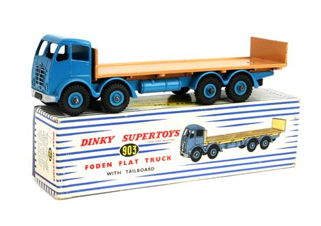 A Dinky Supertoys 903 Foden Flat Truck, with mid blue cab and fawn tailboard, in original blue and white striped box dated 19