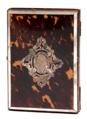 A VICTORIAN TORTOISE SHELL MOTHER-OF-PEARL AND SILVER INLAID RECTANGULAR CARD CASE 