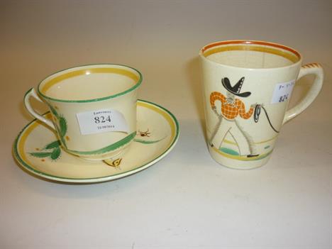 Susie Cooper nursery ware cup and saucer together with a beaker decorated with cowboy and horse (a/f)