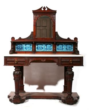 A Victorian walnut wash stand, architectural raised back with an arched mirror, above tiled panels, rectangular marble top, t