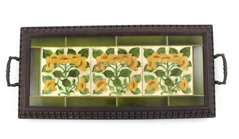 A Shapland &amp; Petter, Raleigh tray, inset with three Pilkington`s Lancastrian tiles, designed by Lewis F Day, each tile sl