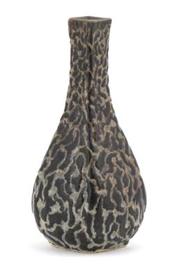 A Martin Brothers stoneware gourd vase, solifleur form incised with organic decoration glazed brown incised 3-1907 Martin Bro