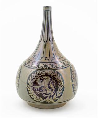  A Pilkington`s Lancastrian solifleur vase by William S Mycock, dated 1913, painted with panels of heraldic emblems including