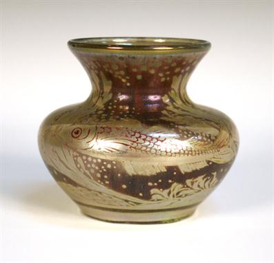 A Pilkington`s Lancastrian lustre pottery vase, circa 1920, the small compressed bulbous body with flared neck, decorated by 