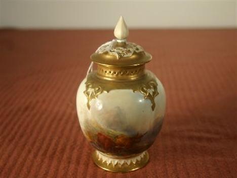 A Royal Worcester pot pourri vase painted two Highland cattle by Harry Stinton with knopped reticulated lid, 5.5 ins high, no