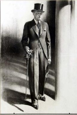 Tom Purvis (1888-1959) Ascot Gent in morning suit with cane and gloves, full length study, original design for  Austin Reed c