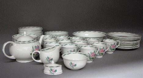 A Susie Cooper bone china tea service for twelve settings in 'Fragrance' pattern including side plates, dessert plates, cups 