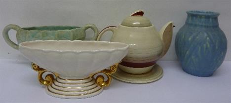 A Susie Cooper Art Deco teapot and stand, lid a/f and three vases