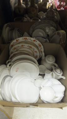 Two boxes of assorted dinnerwares, etc. to include Royal Doulton "Carnation" pattern, Royal Worcester "Chamberlain", Wedgwood