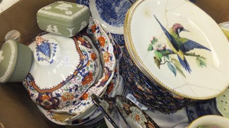 Four boxes of miscellaneous china and glassware to include three early 20th Century Royal Worcester plates painted with birds