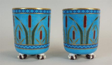 A pair of Minton 'cloisonne' vases, late 19th century, attributed to Christopher Dresser, glazed earthenware turquoise body w